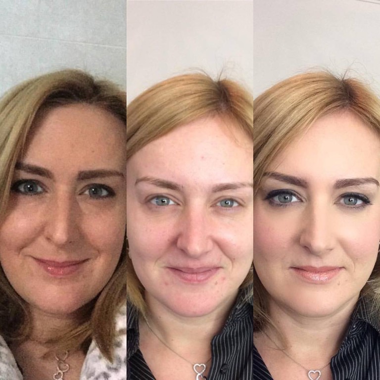 Photo demonstrating how a client usually applies her makeup, no makeup and then make-up that I apply.