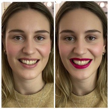 Day to evening makeup using a bright lip.