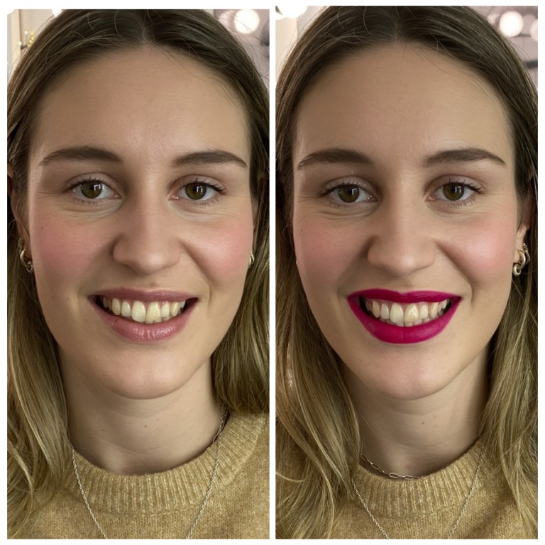 Day to evening makeup using a bright lip.