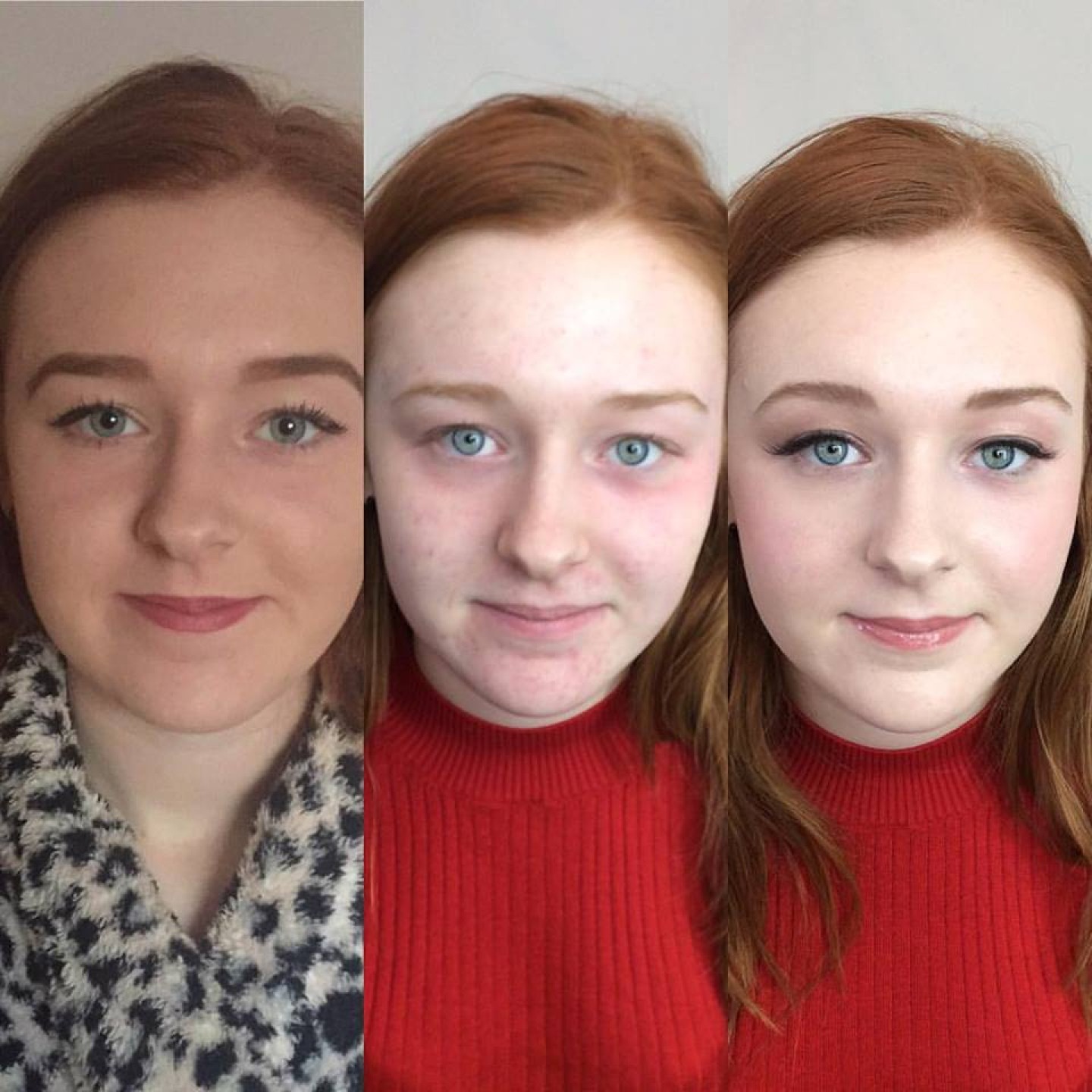 Photo demonstrating how a client usually applies her makeup, no makeup and then make-up that I apply.